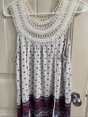 Ricki's White Crochet Yoke Tank with Blue and Orange Paisley Hem